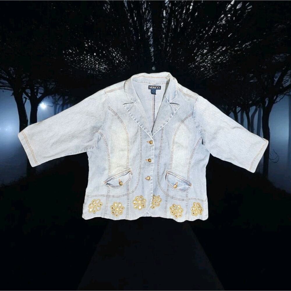 Vintage Vezucci Denim Jacket Floral Blue Gold Button-Up Light Wash 3/4 Sleeve 1X